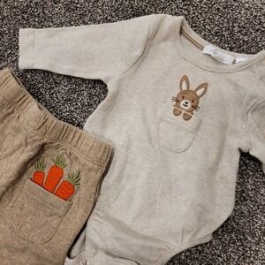 Pure Baby Organic Cotton 0-3 Months Bunny Carrot Embroidered Pants Onesie Set